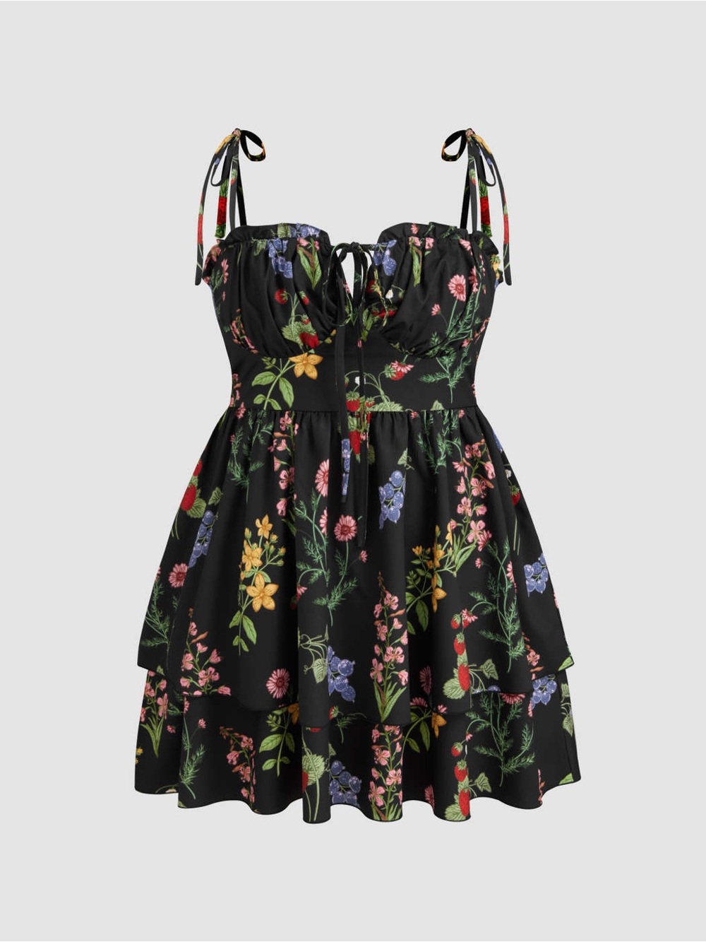 WOVEN FLORAL RUFFLE HEM KNOTTED LAYERED MINI DRESS